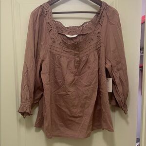 LC Lauren Conrad Mauve Lace-Trim Peasant Blouse